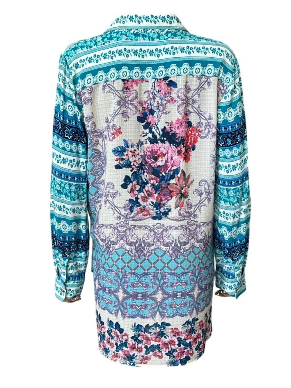 Aratta Silent Journey Boho High Low Blouse Turquoise Floral Roll Tab